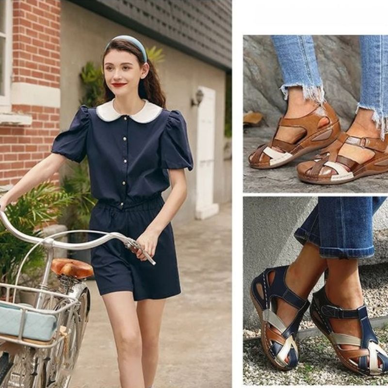 Orthopedic Leather Wedge Sandals - Colorblock Cutout Design