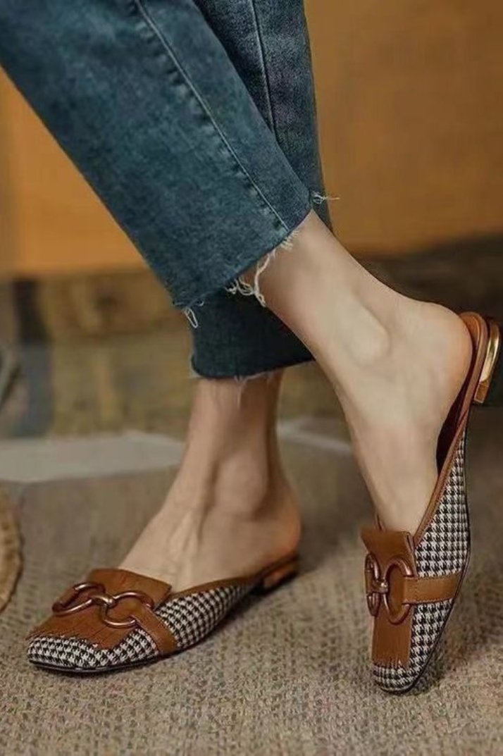 Orthopedic Leather Closed-Toe Mule Sandals - Gold Buckle Design