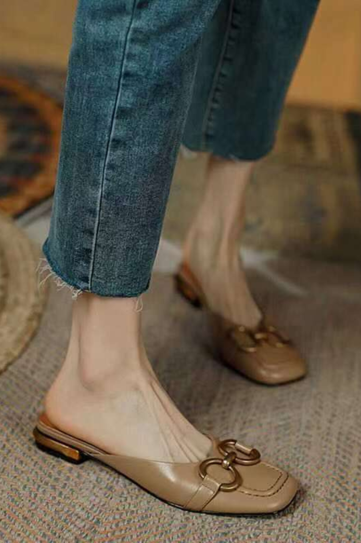 Orthopedic Leather Closed-Toe Mule Sandals - Gold Buckle Design