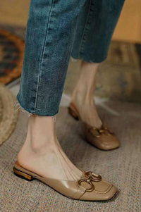 Orthopedic Leather Closed-Toe Mule Sandals - Gold Buckle Design