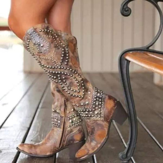 Women’s Knee-High Leather Boots – Thick Heel – Rivet Studded – Zipper Closure
