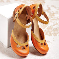 Orthopedic Leather Closed-Toe Wedge Sandals - Ankle Strap Design