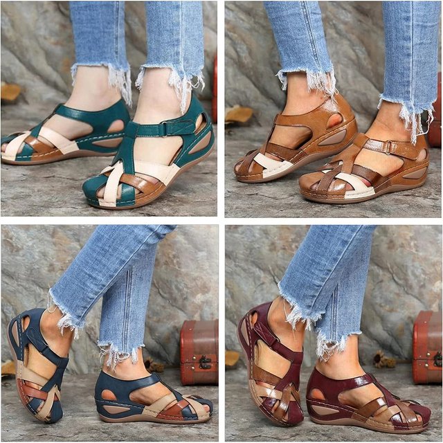 Orthopedic Leather Wedge Sandals - Colorblock Cutout Design