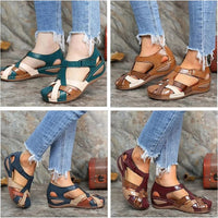 Orthopedic Leather Wedge Sandals - Colorblock Cutout Design