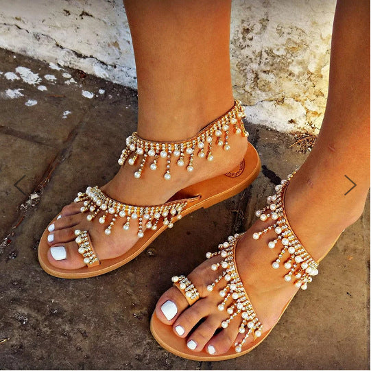 Pia® | Sandals Flat Pearl Comfortable String Beaded Slippers