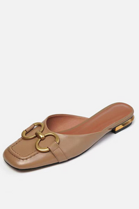 Orthopedic Leather Closed-Toe Mule Sandals - Gold Buckle Design