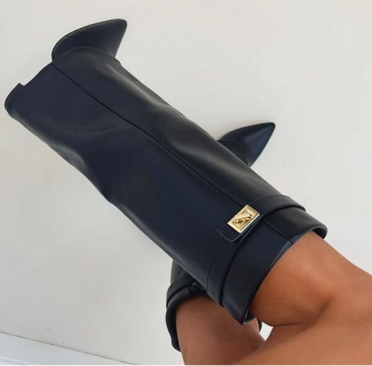 Women's Boots – Suede – Knee-High – Pointed Toe – Block Heel – Elegant Fit