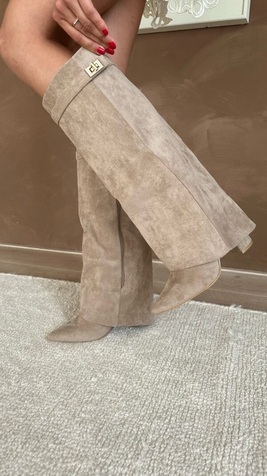 Women's Boots – Suede – Knee-High – Pointed Toe – Block Heel – Elegant Fit