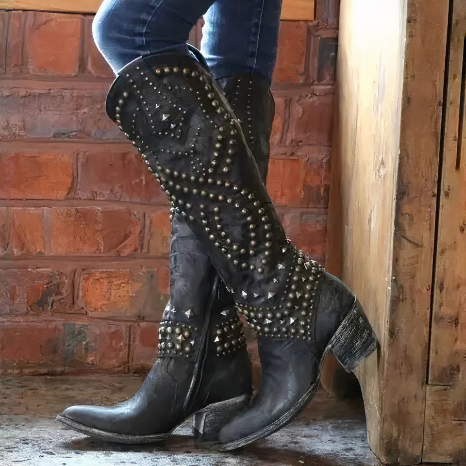 Women’s Knee-High Leather Boots – Thick Heel – Rivet Studded – Zipper Closure