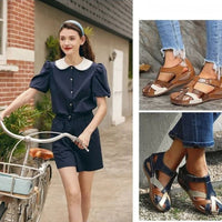 Orthopedic Leather Wedge Sandals - Colorblock Cutout Design