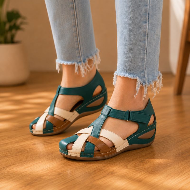 Orthopedic Leather Wedge Sandals - Colorblock Cutout Design