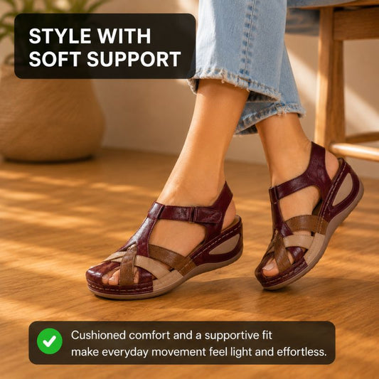 Orthopedic Leather Wedge Sandals - Colorblock Cutout Design