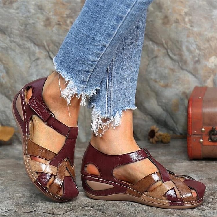 Orthopedic Leather Wedge Sandals - Colorblock Cutout Design