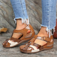 Orthopedic Leather Wedge Sandals - Colorblock Cutout Design