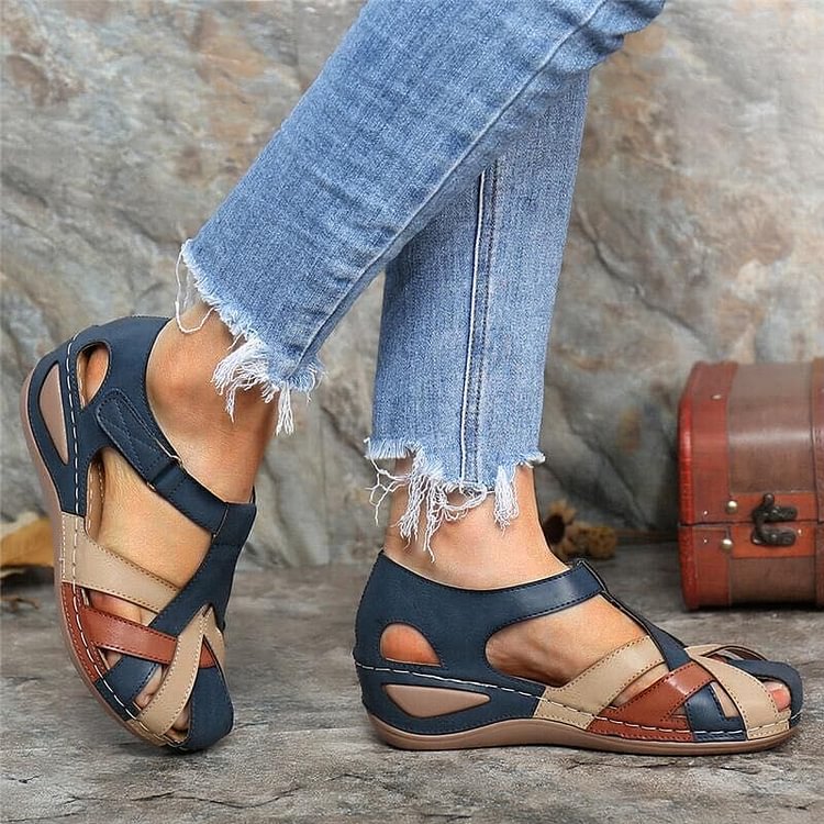 Orthopedic Leather Wedge Sandals - Colorblock Cutout Design