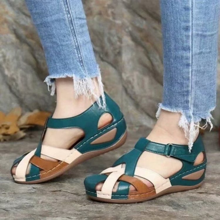 Orthopedic Leather Wedge Sandals - Colorblock Cutout Design