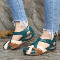 Orthopedic Leather Wedge Sandals - Colorblock Cutout Design
