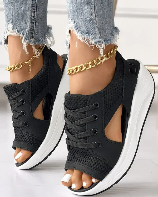 Orthopedic Chunky Wedge Sandals - Lace Up Design